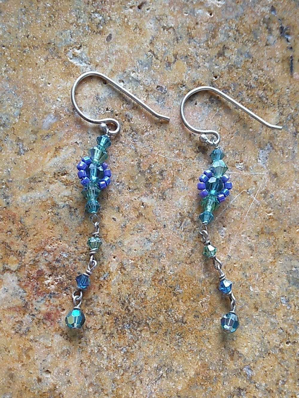 Handmade Teal and Blue Crystal Dangle Earrings